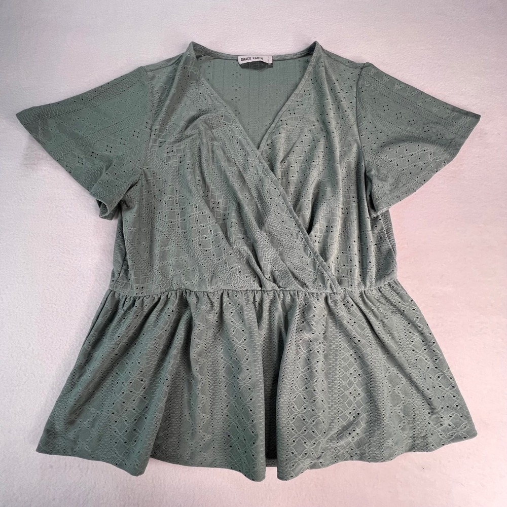 Womens Sage Green Eyelet Faux Wrap Peplum Blouse Flutter Sleeve Large Soft Girl